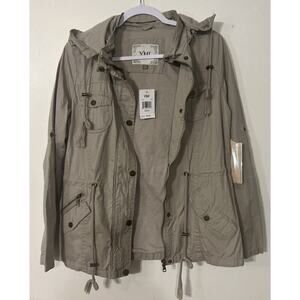 New YMI‎ Zip Off Hood Windbreaker M Jacket Pockets Lined Khaki Tan NWT Women